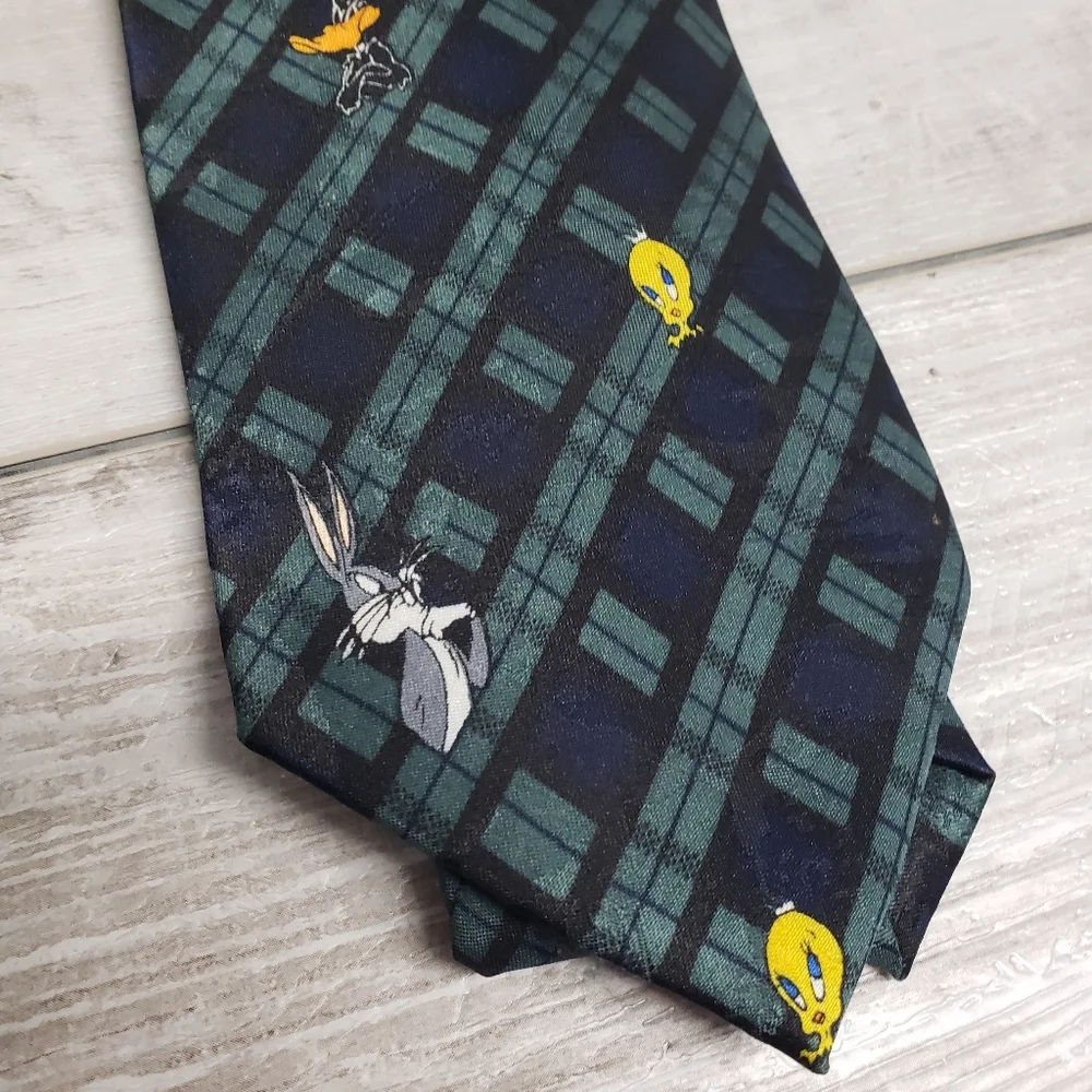 Vgt. Looney Tunes Mania Cartoons Necktie Tie Green Blue Plaid Check Bugs Bunny